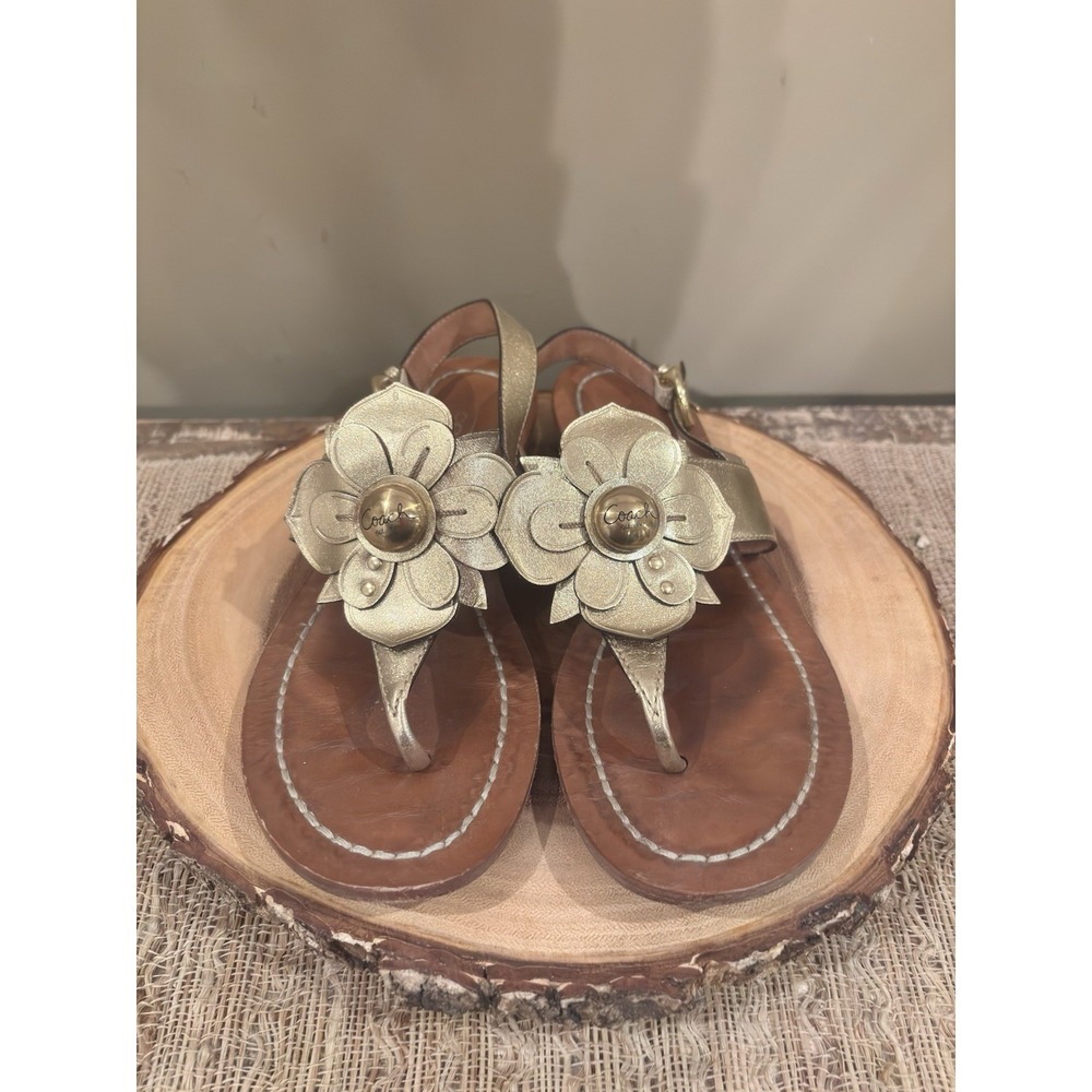 COACH METALLIC GOLD LEATHER‎ BUCKLE SANDALS W/CHARM Sz 8  Flower Charm